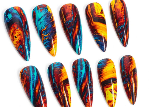 Multicolored marbled nail art designs on a white background