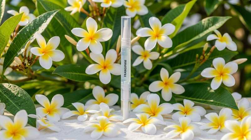 Frangipani clear 3ml cuticle oil pen surrounded by white and yellow flowers