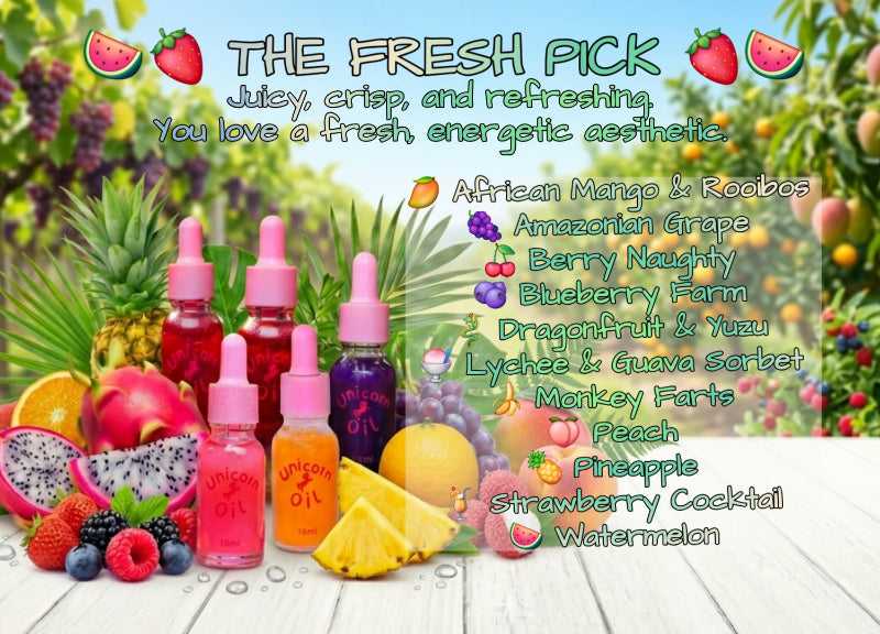 Assorted colorful bottles of cuticle oil with fruit and plant elements on a wooden surface.