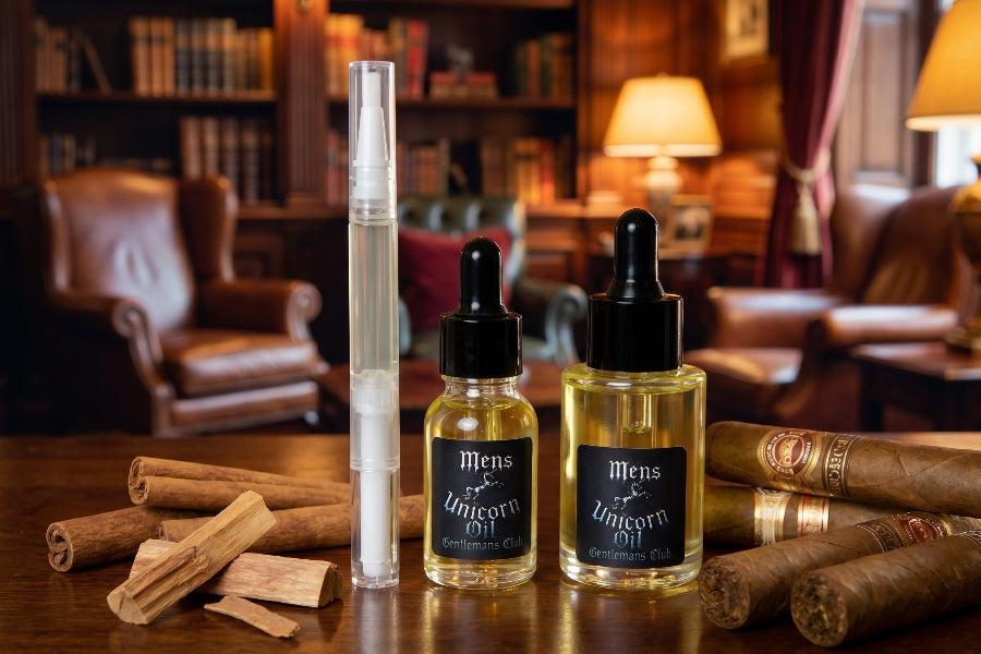 Two bottles of 'Men's Cuticle Oil' on a wooden table with cinnamon sticks and cigars in a cozy room setting.