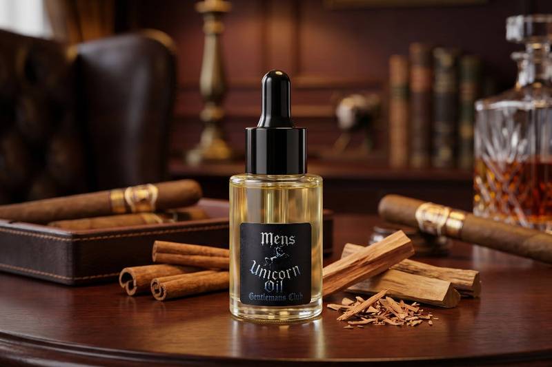 Bottle of 'Mens Unicorn Oil' on a wooden table with cinnamon sticks and cigars.