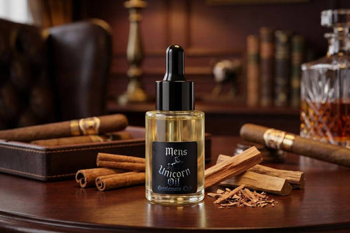 Bottle of 'Mens Unicorn Oil' on a wooden table with cinnamon sticks and cigars.