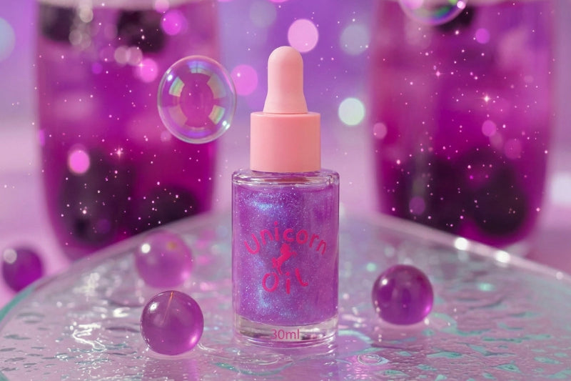 A small clear bottle of purple glittery liquid with a pink dropper cap sits on a reflective surface, with matching purple bubbles and blurred bottles in the background.