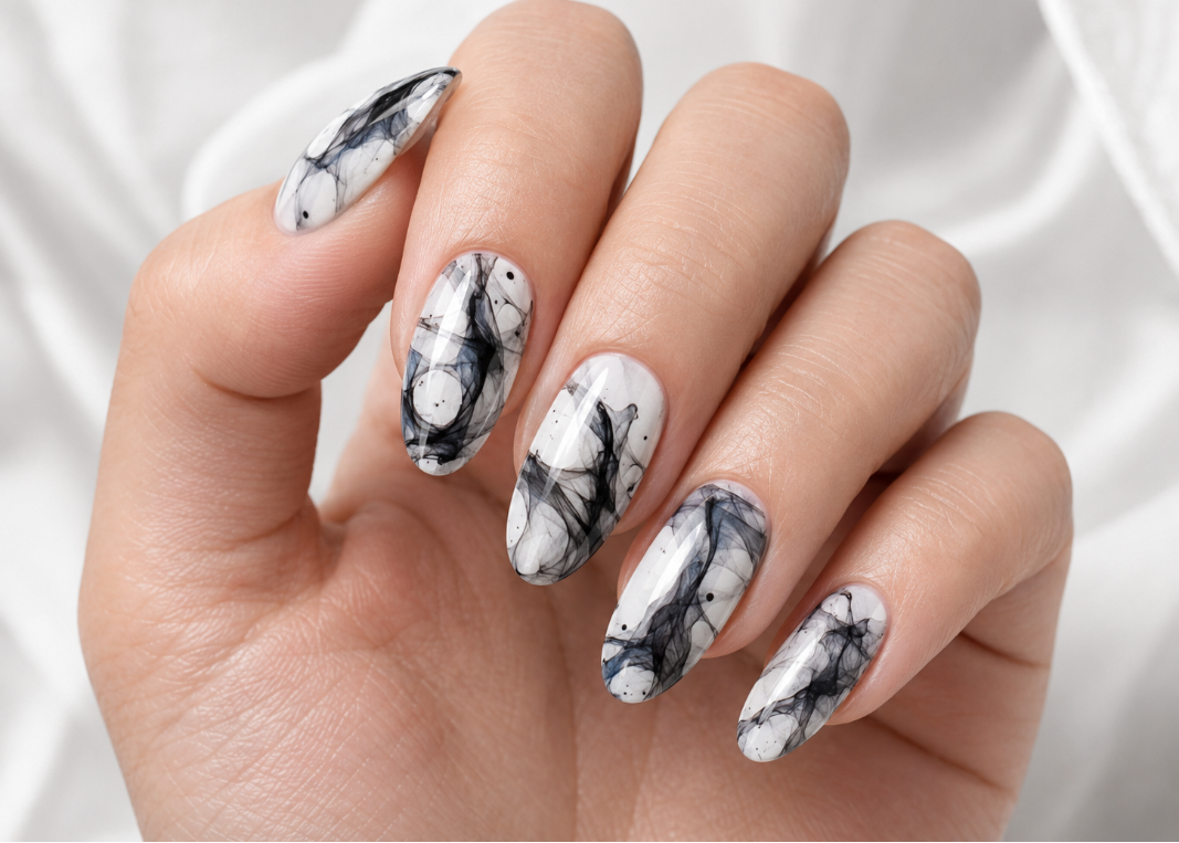 Hand with marbleized nail design on a white background