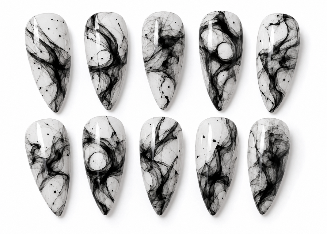 Set of black and white marbled nail art designs on a white background