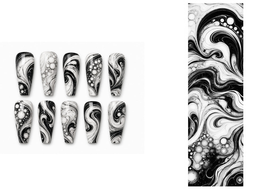 Set of black and white marbled nail art designs on a white background