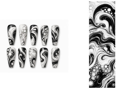 Set of black and white marbled nail art designs on a white background