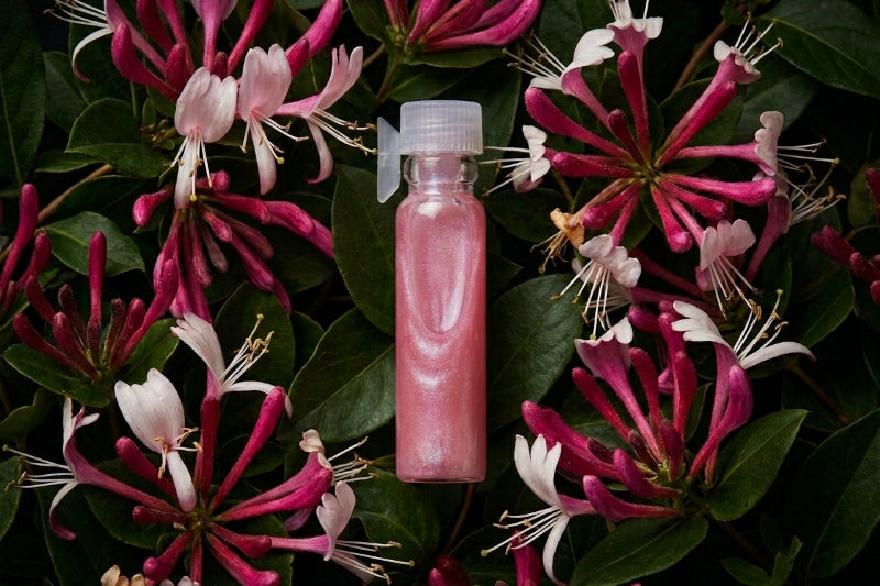 A clear plastic bottle filled with pink liquid and topped with a white cap, centered among dark green leaves and pink-and-white flowers.