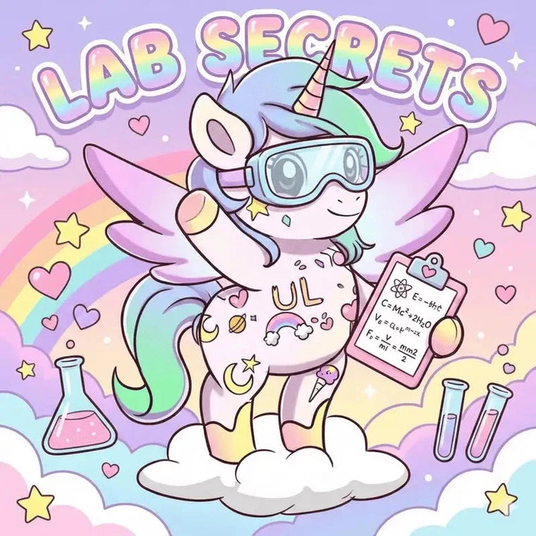 Cartoon unicorn holding a clipboard with 'UL' on a colorful background with stars and hearts. Unicorn lab secrets for professionals logo