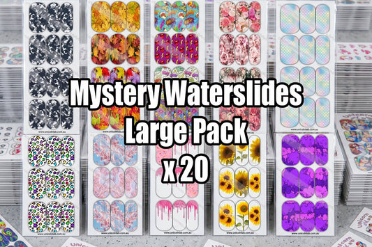 Collection of nail art waterslide decals with various designs on a white background.