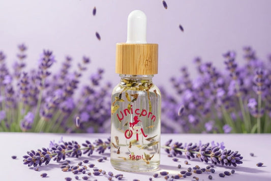 Bottle of 'Unicorn Oil' with a dropper on a surface with lavender flowers in the background