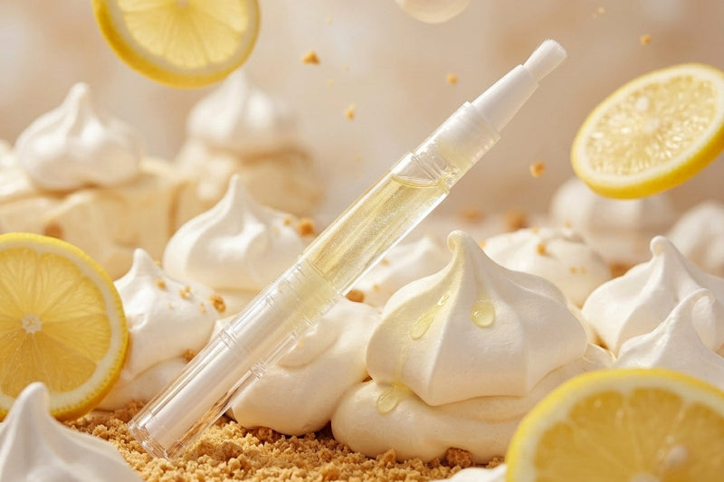 Clear 3ml cuticle oil pen surrounded by a lemon meringue theme. Australian made cuticle oil by Unicorn Lab