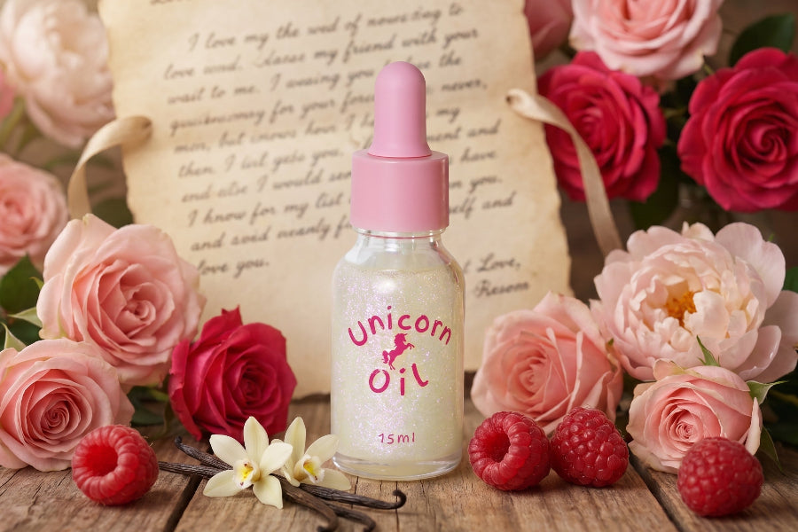 Unicorn cuticle Oil bottle with pink dropper surrounded by flowers and raspberries on a wooden surface.