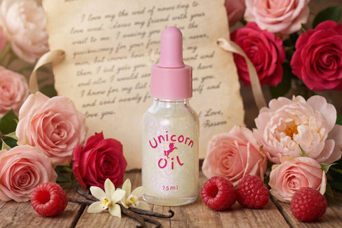 Unicorn cuticle Oil bottle with pink dropper surrounded by flowers and raspberries on a wooden surface.