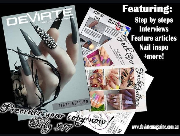 Promotional graphic for deviate nail magaine, create and designed by Tita Rose at Unicorn Lab in 2018. featuring text and images of nail designs.
