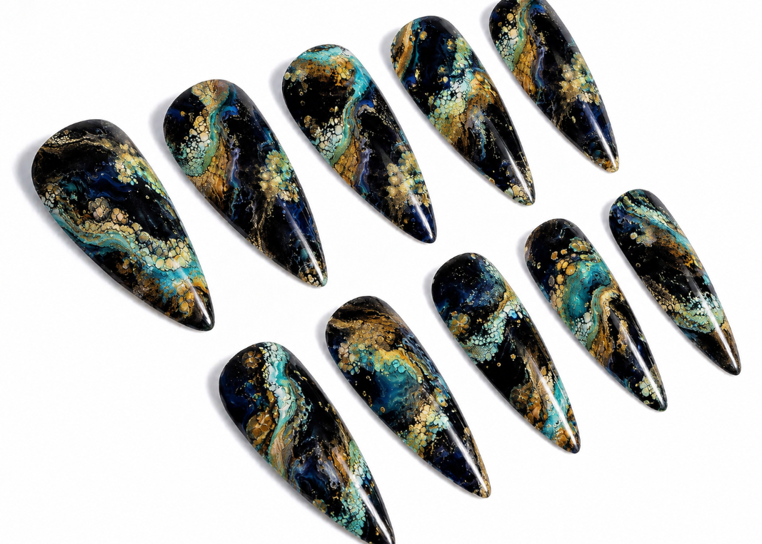 Set of marbled nail art designs on a white background