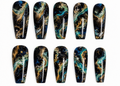 Set of nail art designs with a cosmic or nebula theme on a white background