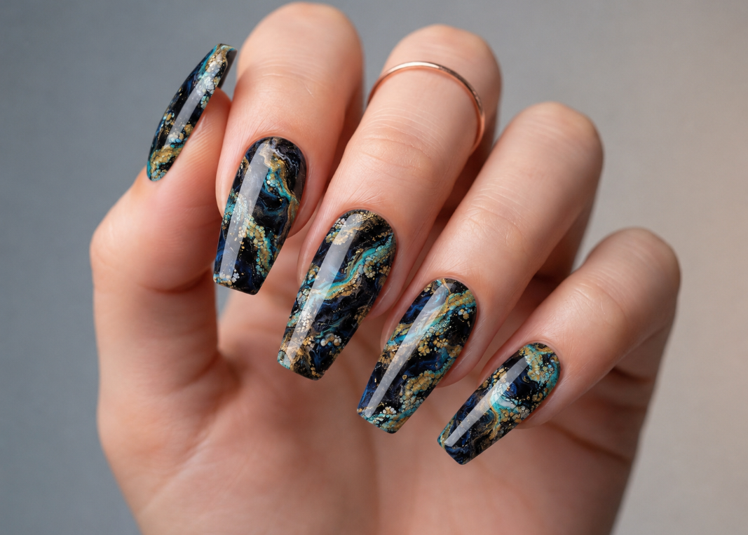 Hand with marbled nail art on a neutral background