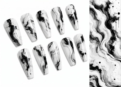 Marble-patterned nails with black and white swatches on a white background