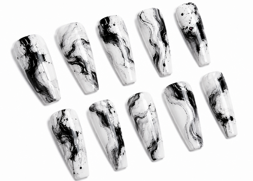 Set of black and white marbled nail art designs on a white background
