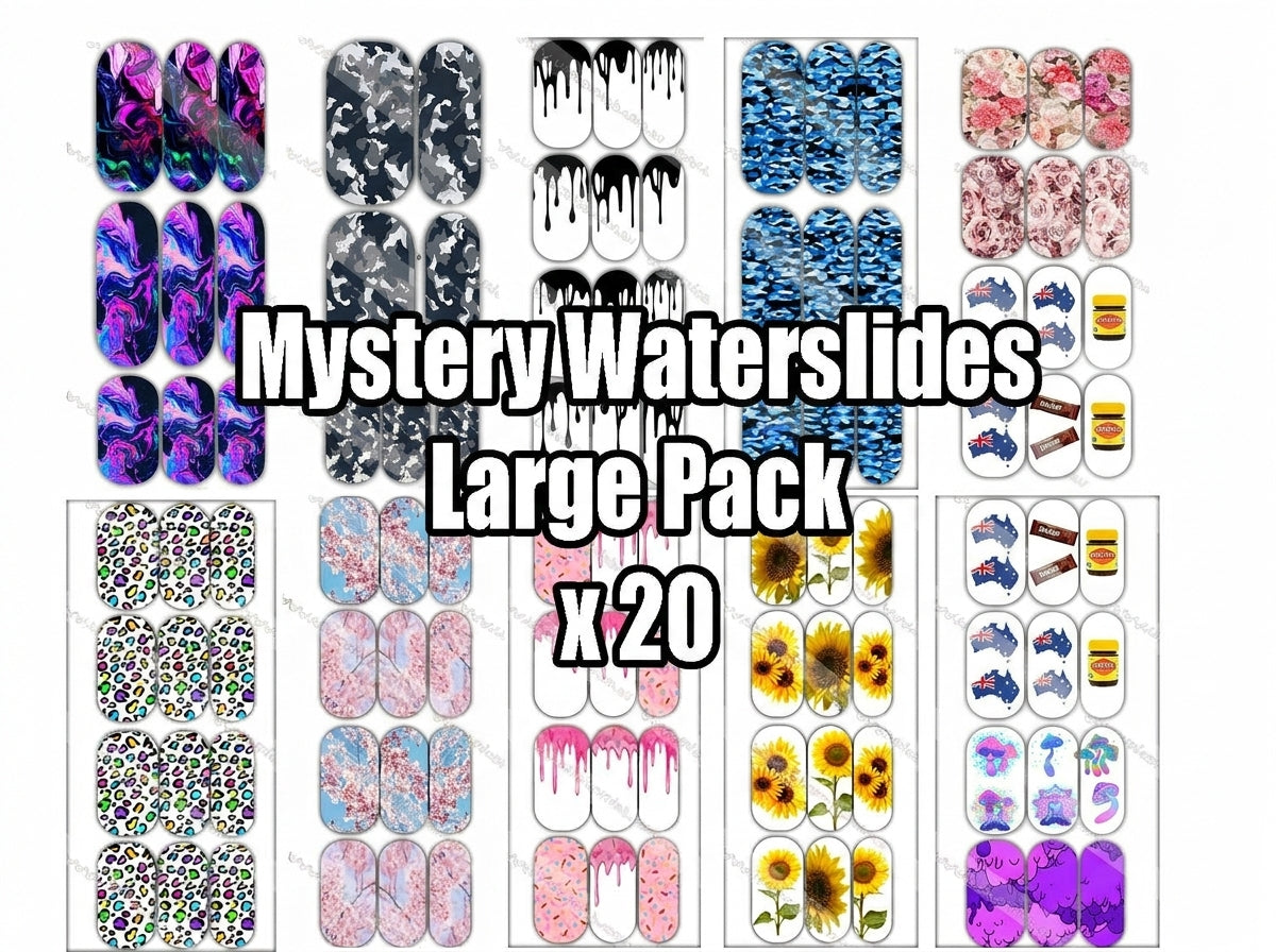 Collection of nail art waterslide designs with various patterns and text 'Mystery Waterslides Large Pack x20'.