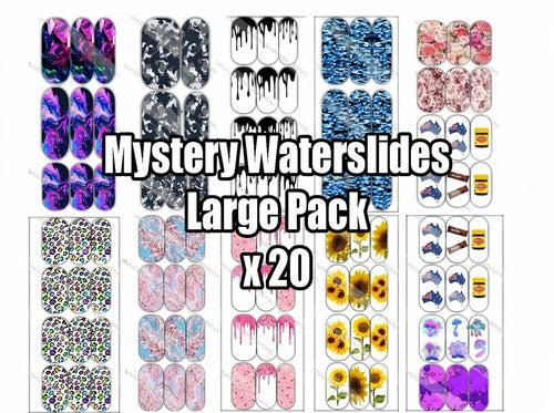 Collection of nail art waterslide designs with various patterns and text 'Mystery Waterslides Large Pack x20'.