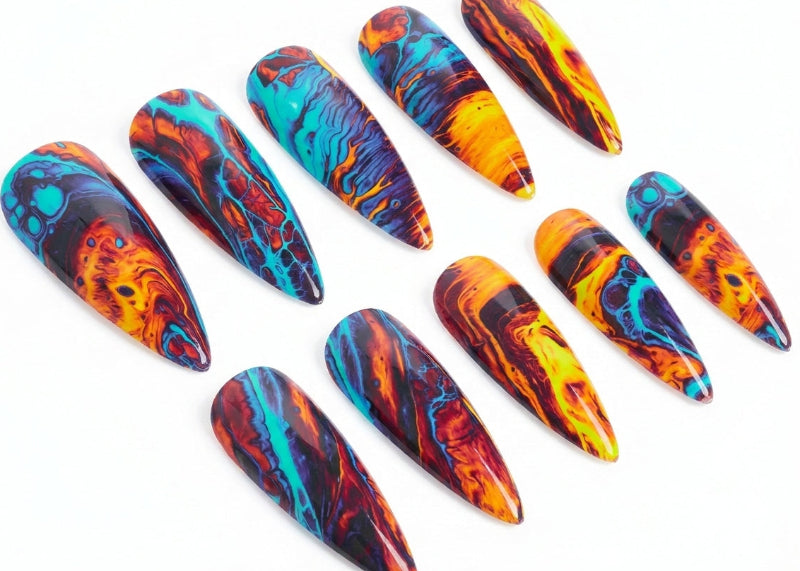 Colorful marbled nail art designs on a white background