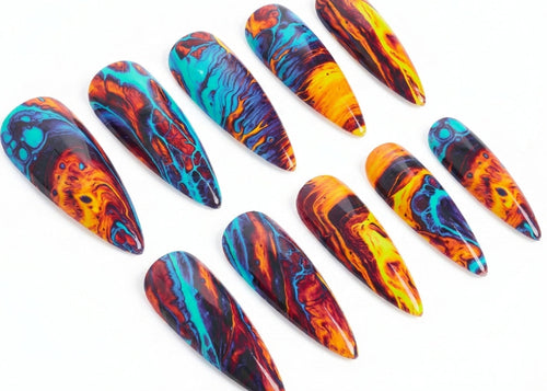 Colorful marbled nail art designs on a white background