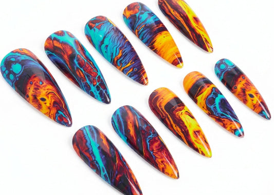 Colorful marbled nail art designs on a white background