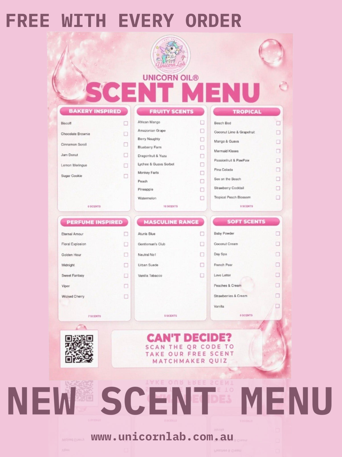 Unicorn labs new cuticle oil scent menu with pink accents and scannable QR codes