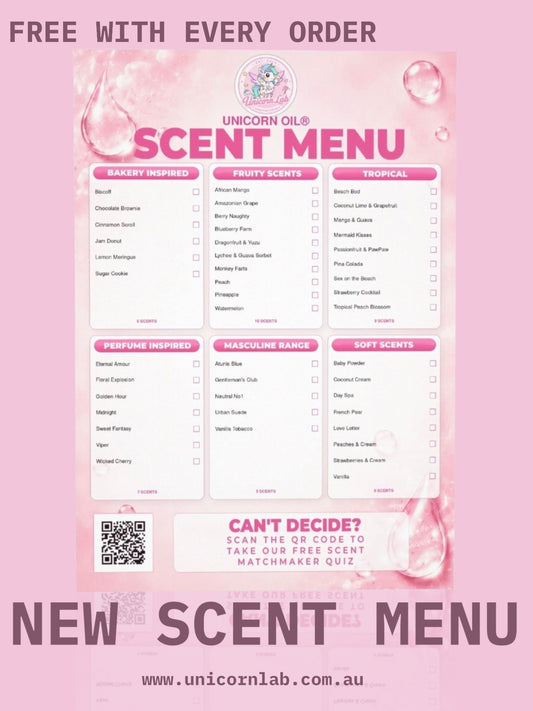 Unicorn labs new cuticle oil scent menu with pink accents and scannable QR codes