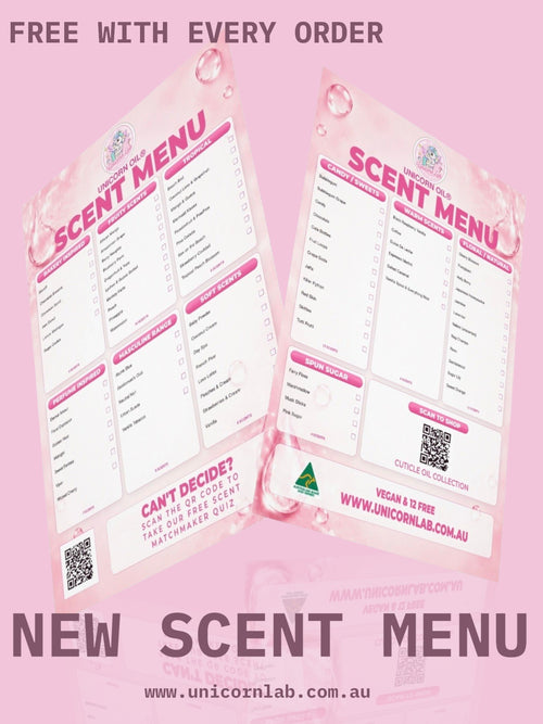 Unicorn labs new cuticle oil scent menu with pink accents and scannable QR codes