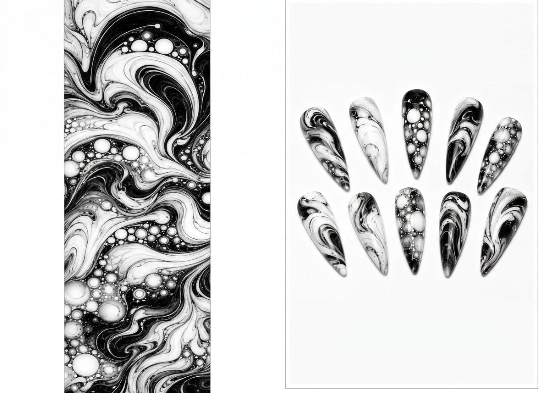 Black and white marbled nail art design sheet with swatch on a white background