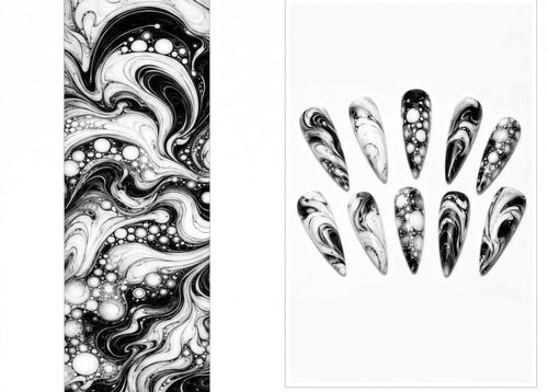 Black and white marbled nail art design sheet with swatch on a white background