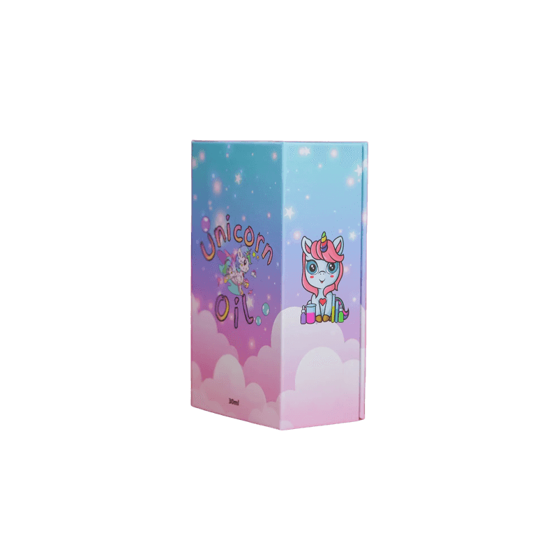Colorful box with a unicorn design and text on a white background