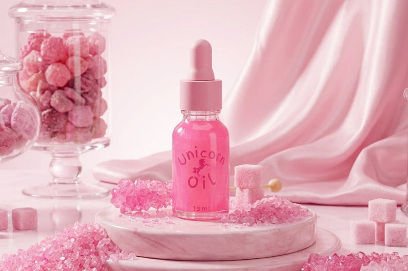A pink dropper bottle labeled 'Unicorn Oil' sits on a marble pedestal surrounded by pink crystals and sugar cubes, with draped pink fabric and a glass jar of pink candies in the background.