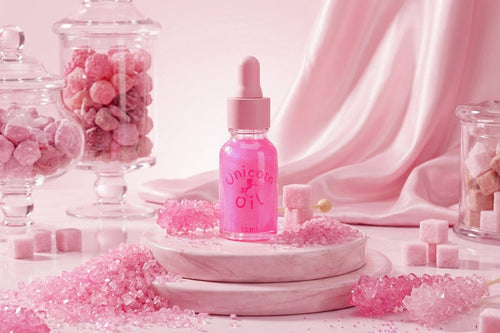 A pink dropper bottle labeled 'Unicorn Oil' sits on a marble pedestal surrounded by pink sugar crystals, pink candy cubes, and glass jars filled with pink candies against a draped pink satin backdrop.