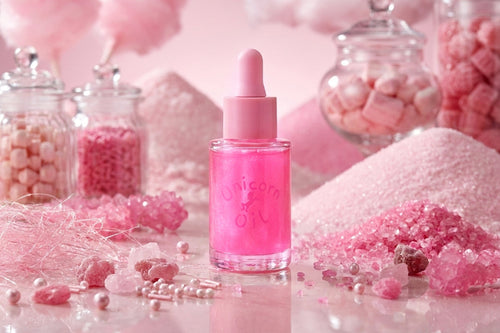 A pink cosmetic dropper bottle labeled 'Unicorn Oil' sits on a glossy pink surface surrounded by candy-themed props, including jars of pink candies, cotton candy, and piles of pink sugar crystals.