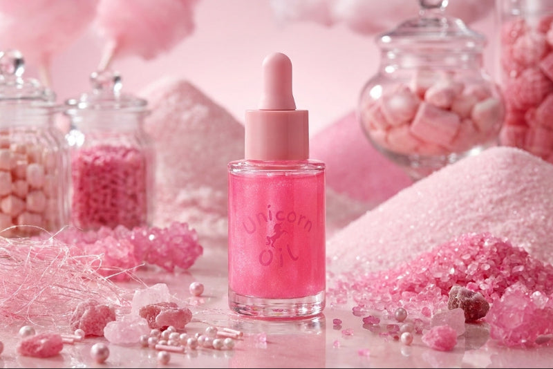 A pink cosmetic dropper bottle labeled 'Unicorn & Oil' centered on a reflective pink surface, surrounded by candy-themed props including jars of pink candies, sugar crystals, and cotton candy.