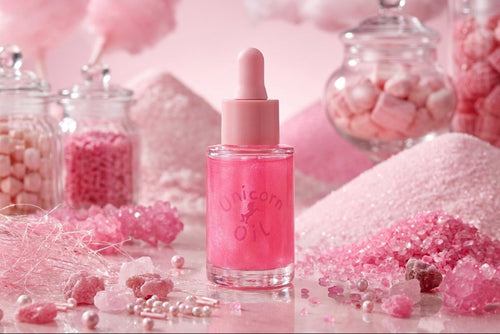 A pink cosmetic dropper bottle labeled 'Unicorn & Oil' centered on a reflective pink surface, surrounded by candy-themed props including jars of pink candies, sugar crystals, and cotton candy.