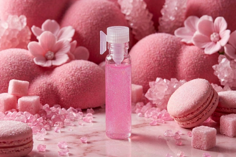 A small clear bottle filled with sparkling pink liquid stands centered on a pink surface, surrounded by pink macarons, sugar cubes, pink flower decorations, and textured pink spheres.