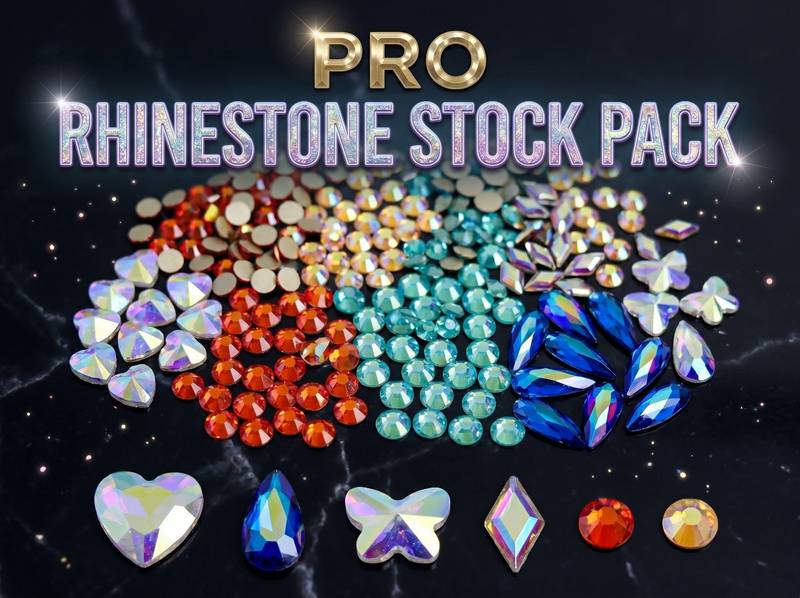 Collection of colorful rhinestones with 'Pro Rhinestone Stock Pack' text on a dark background