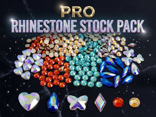 Collection of colorful rhinestones with 'Pro Rhinestone Stock Pack' text on a dark background