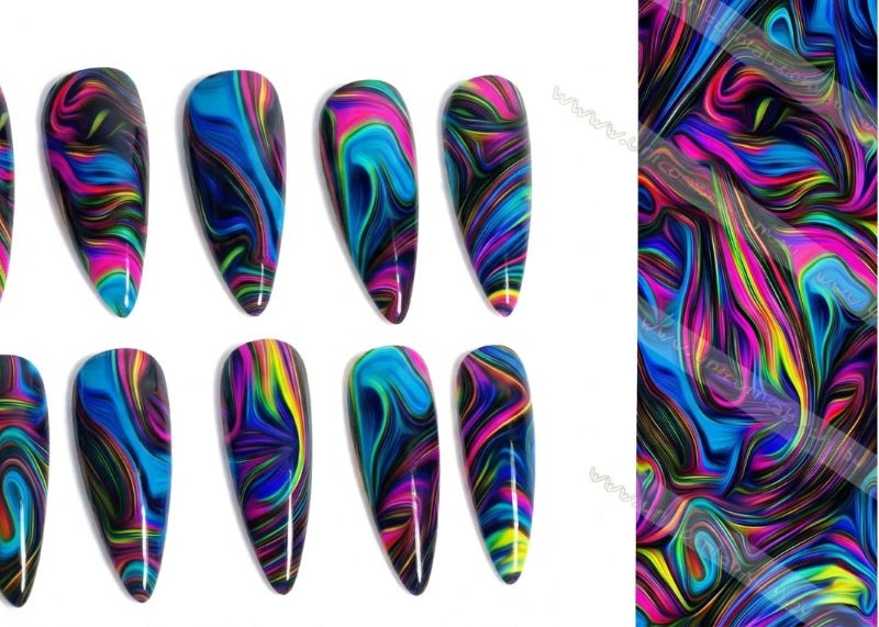 Multicolored nail art designs on a white background