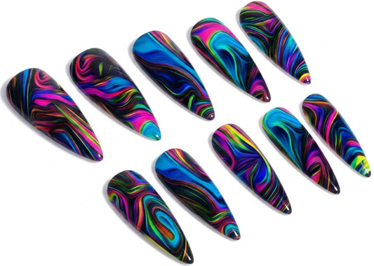 Multicolored swirl nail art designs on a white background
