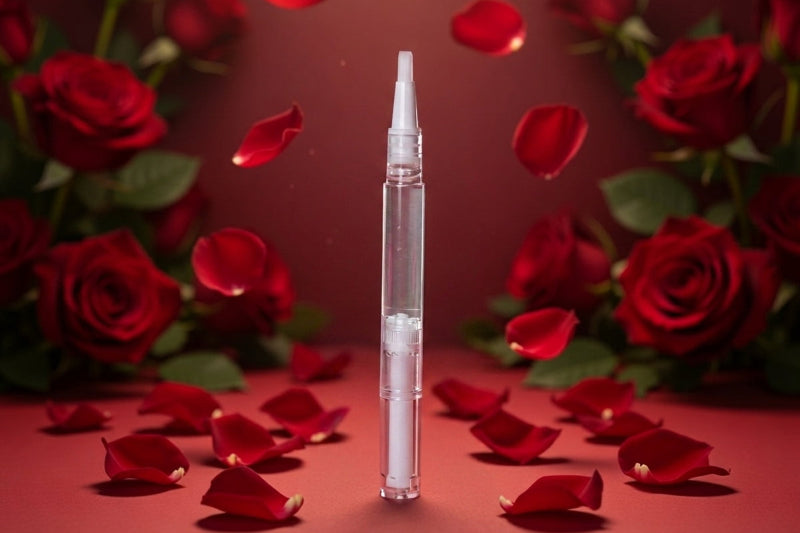 A clear cosmetic vial with a white applicator tip stands upright on a red surface, surrounded by scattered red rose petals and red roses in the background.