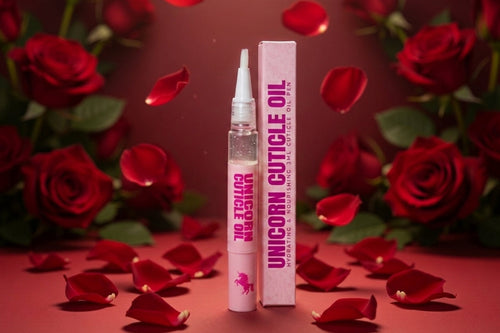 A pink cosmetic tube labeled 'UNICORN CUTICLE OIL' stands next to its matching pink box, surrounded by red rose petals and red roses on a red background.