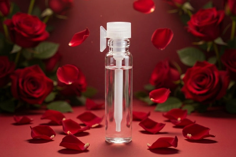 A clear glass bottle with a white pump dispenser, set against a dark red background decorated with red roses and scattered rose petals.