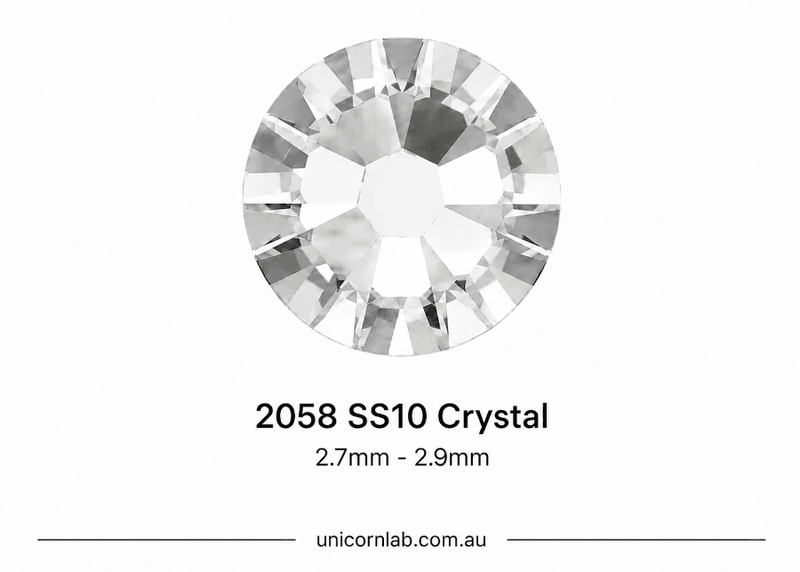 Crystal stone labeled '2058 SS10 Crystal' with size range '2.7mm - 2.9mm' on a white background. Swarovski SS10 Crystal | Flatback Nail Crystals | Genuine 2025 Rhinestones