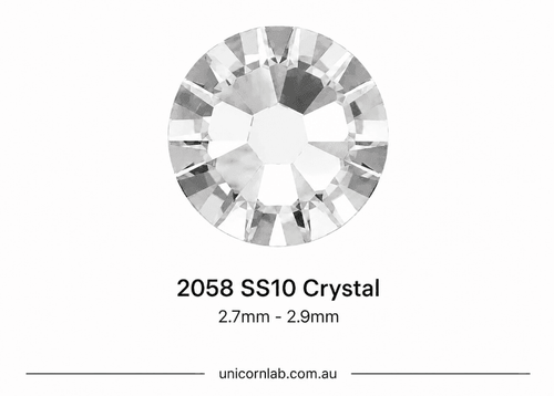 Crystal stone labeled '2058 SS10 Crystal' with size range '2.7mm - 2.9mm' on a white background. Swarovski SS10 Crystal | Flatback Nail Crystals | Genuine 2025 Rhinestones